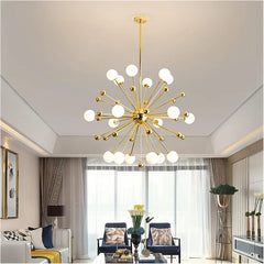 Elegant-gold-chandelier-with-white-glass-globes