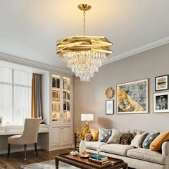 Modern-chandelier-with-hexagonal-gold-layers

